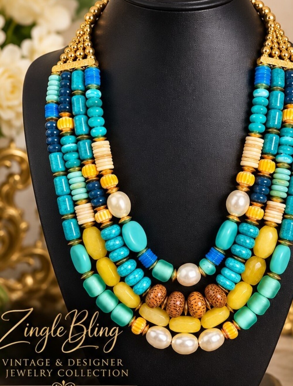 Chico’s Multi Strand Turquoise Blue Beaded Statement Necklace Gold Tone